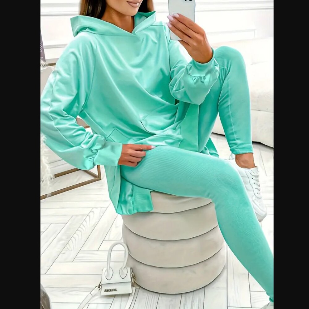 Emerald Teal Two-Piece Set, Split Long Sleeve Hoo… - image 2